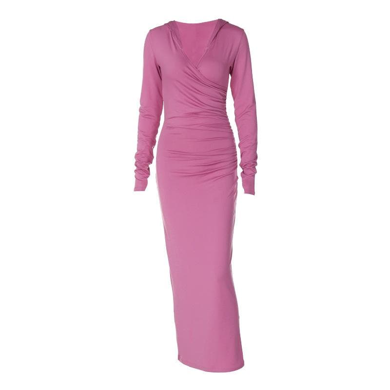 Hooded V-Neck Wrap Ruched Long Sleeve Bodycon Maxi Dress
