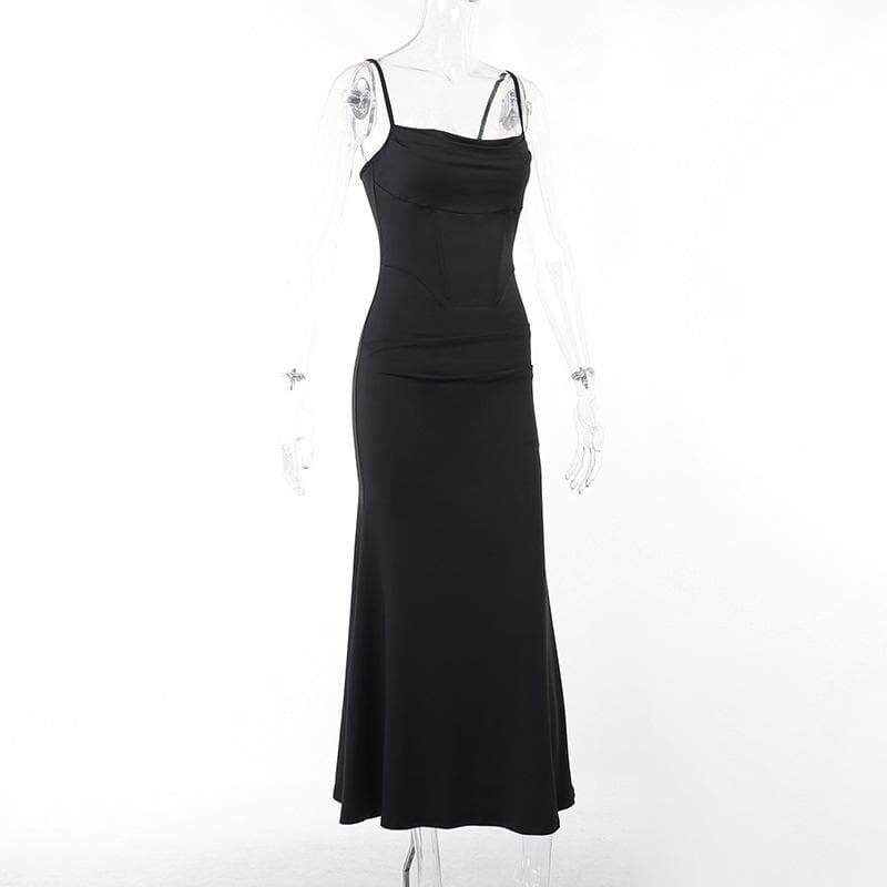 Spaghetti Strap Cowl Neck Corset Seam Ruched Bodycon Maxi Dress 4