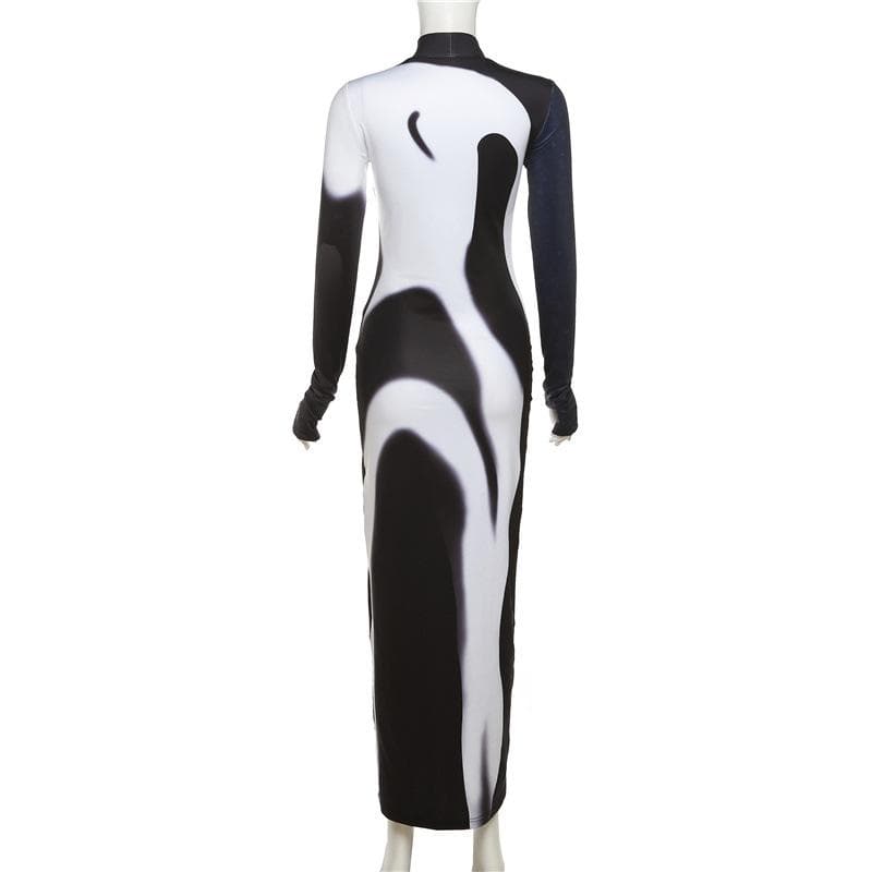 Mock Neck Long Sleeve Shadow Illusion Thumbhole Bodycon Maxi Dress 6