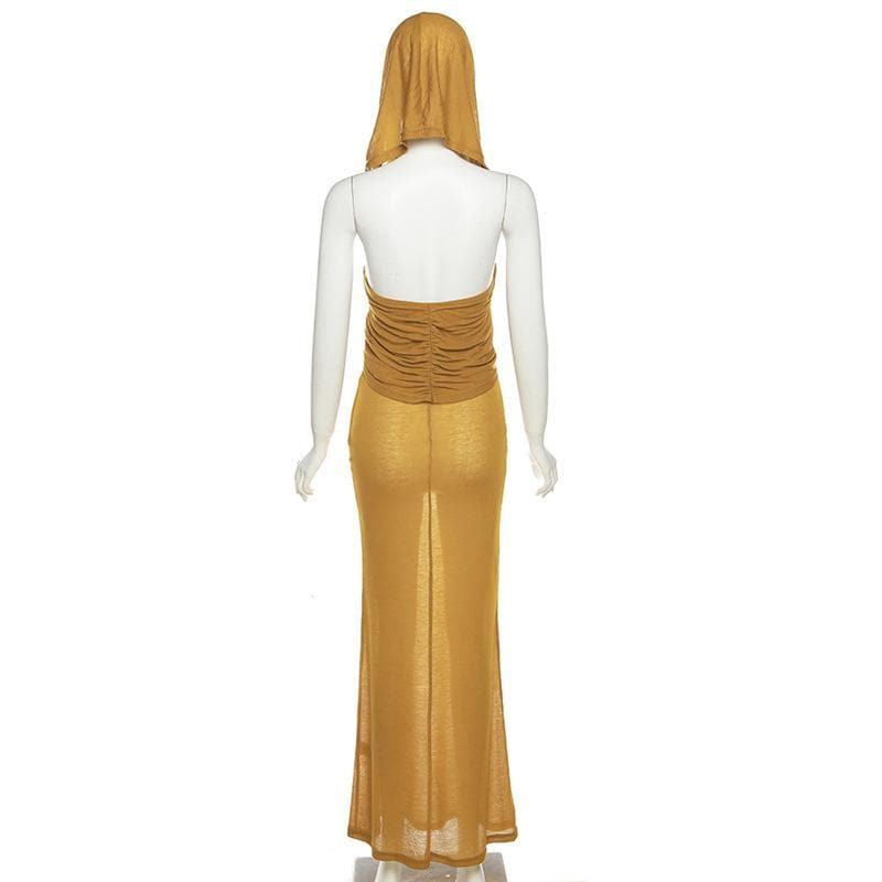 Hooded Cross Halter Ruched Sheer Overlay Bodycon Maxi Dress 7