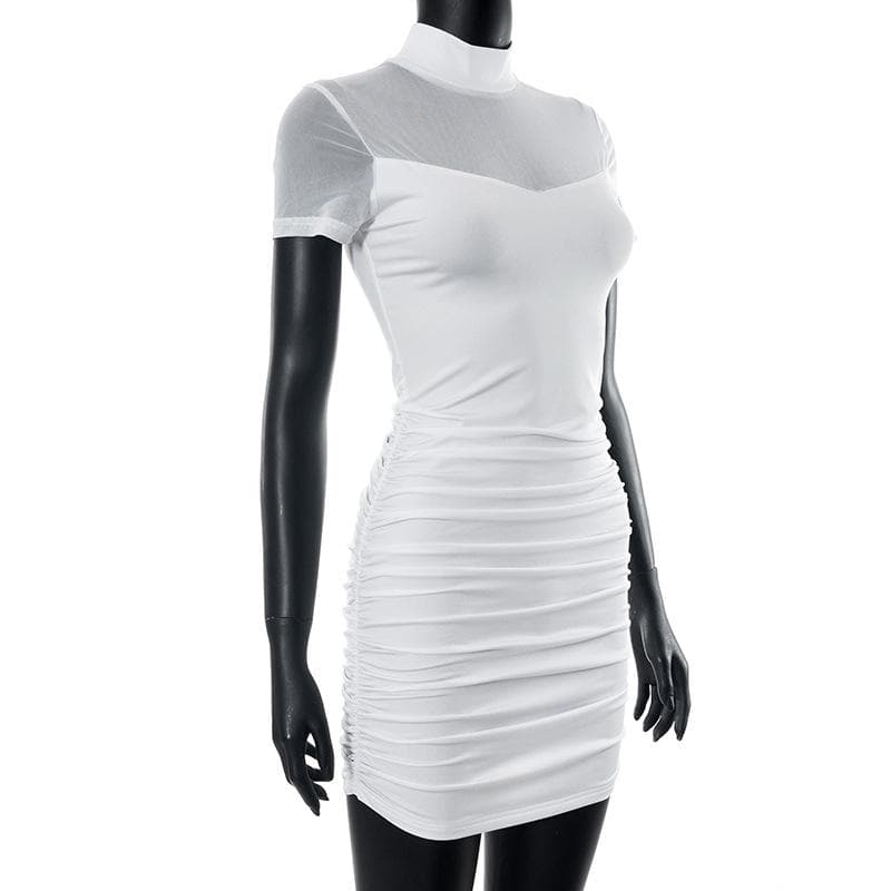 Mesh Mock Neck Short Sleeve Ruched Bodycon Mini Dress 5
