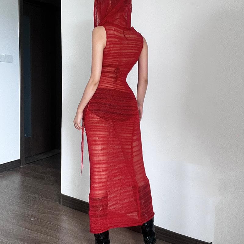 Hooded Sheer Mesh Ribbed Knit Scarf Neck Sleeveless Maxi Dress 5