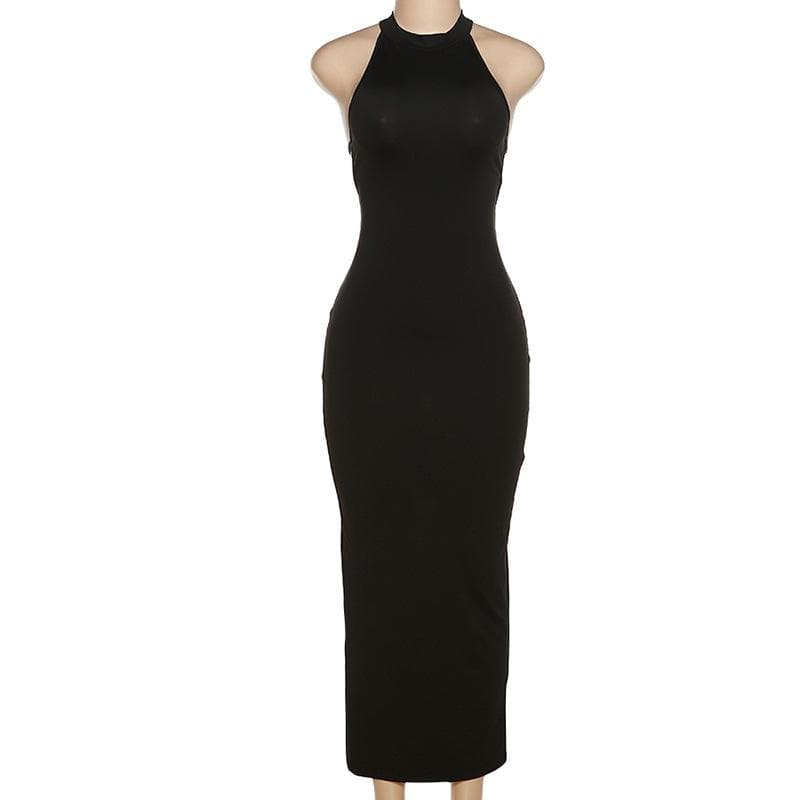 Halter Back Buckle Strap Open Back High Slit Bodycon Maxi Dress 9