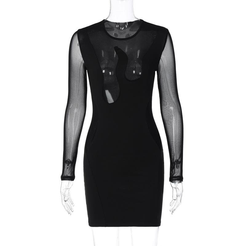 Mesh Long Sleeve Flame Panel Cut Out Bodycon Mini Dress 8