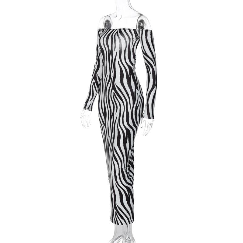 Off Shoulder Long Sleeve Zebra Print Bodycon Maxi Dress 3