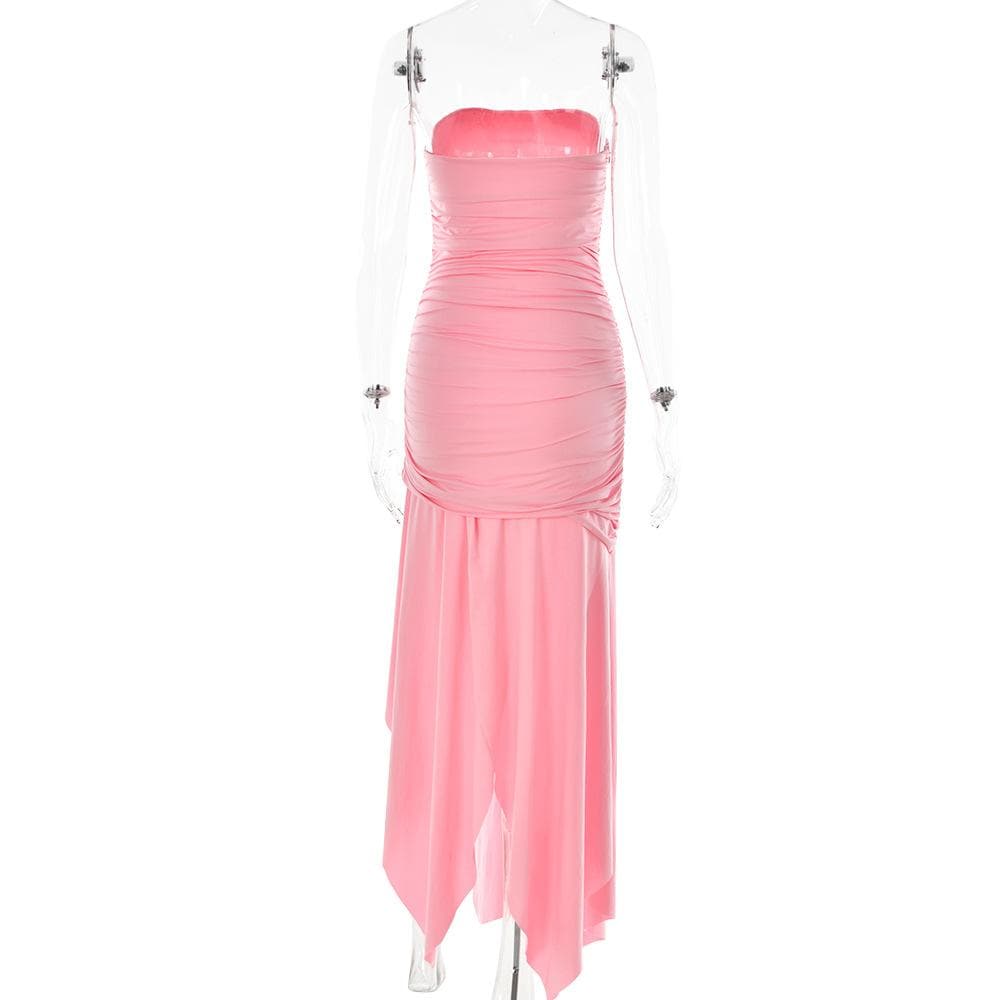 Strapless Ruched Waist High Slit Bodycon Maxi Dress 5