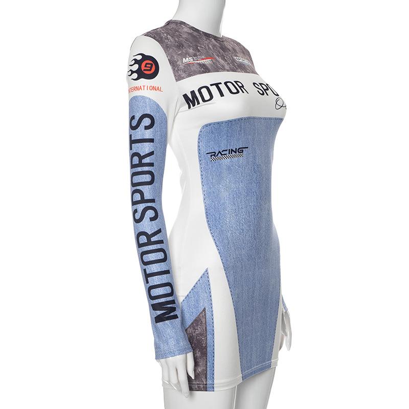 Motorsport Print Long Sleeve Crew Neck Patchwork Bodycon Mini Dress 3