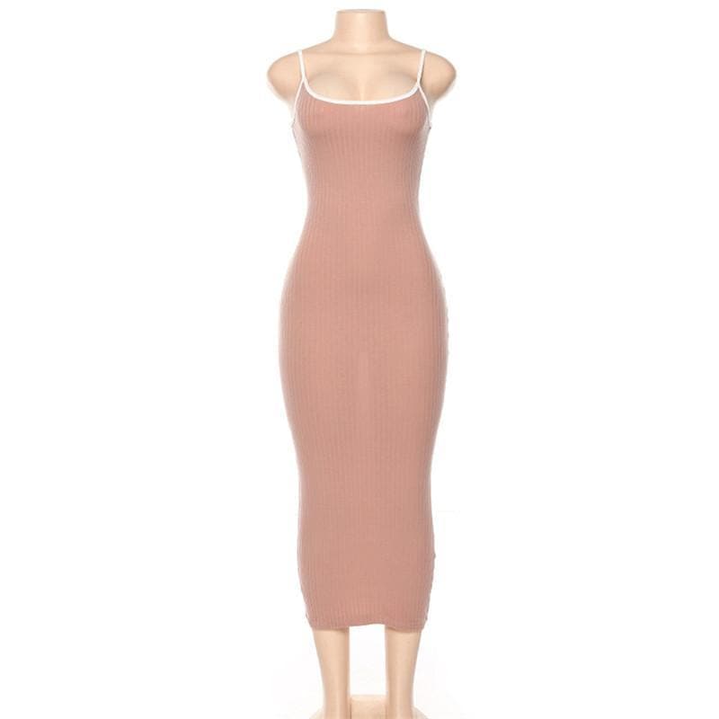 Ribbed Scoop Neck Contrast Trim Spaghetti Strap Midi Dress 6