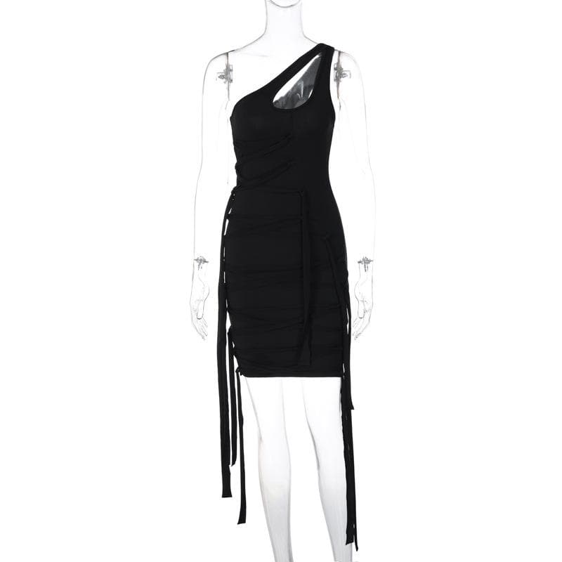 One Shoulder Bandage Lace Up Ribbon Strap Tassel Hem Mini Dress 3
