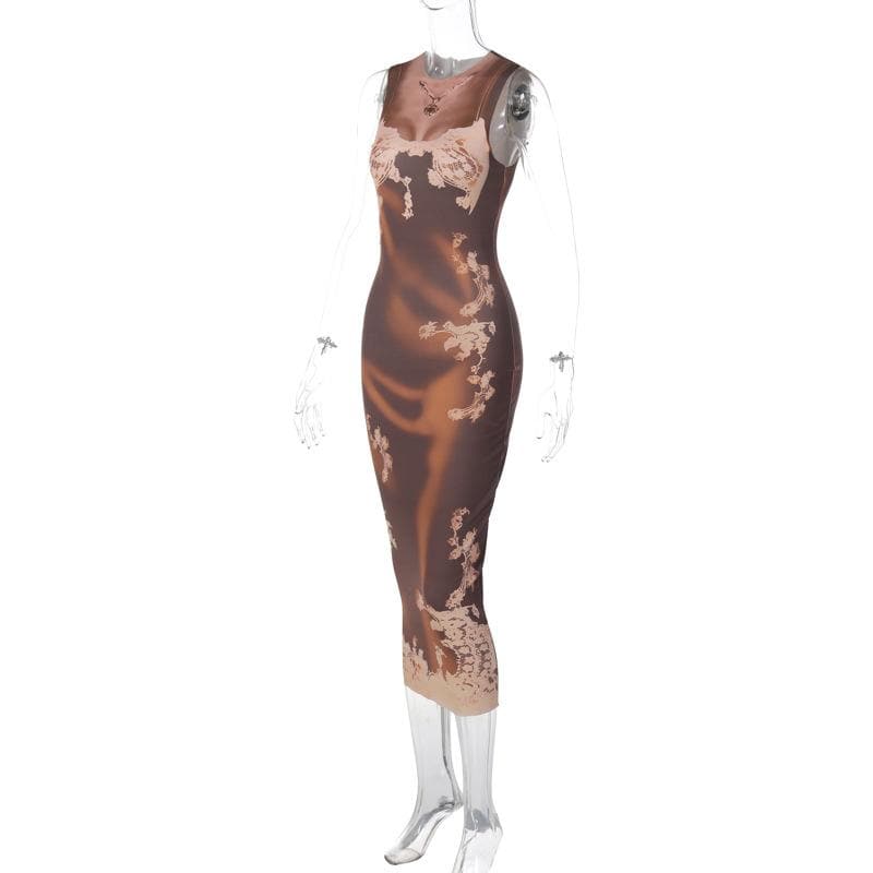 Sleeveless Crewneck Body Silhouette Floral Overlay Bodycon Maxi Dress 3