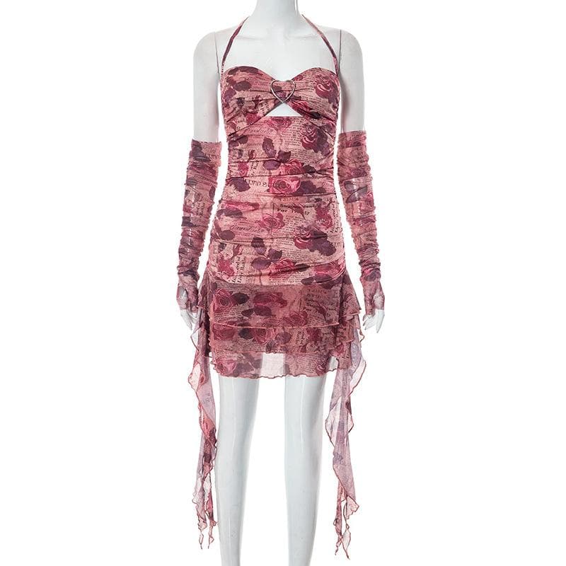 Newspaper Floral Print Halter Heart Buckle Cutout Ruched Ruffle Mini Dress 9