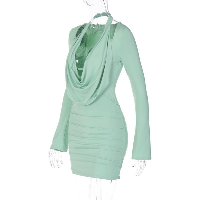 Cowl Neck Halter Shoulder Cutout Ruched Long Sleeve Mini Dress 4