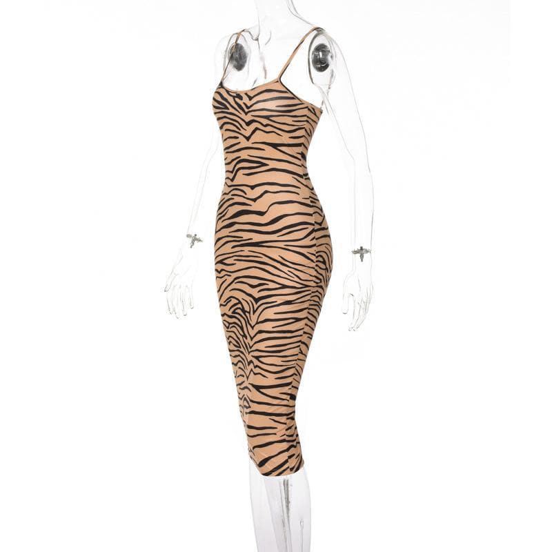 Zebra Print Spaghetti Strap Scoop Neck Bodycon Midi Dress 2