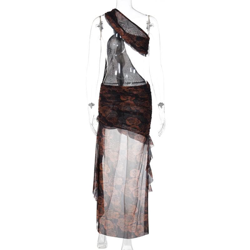 One-Shoulder Applique Cutout Ruched Asymmetric Hem Midi Dress 4