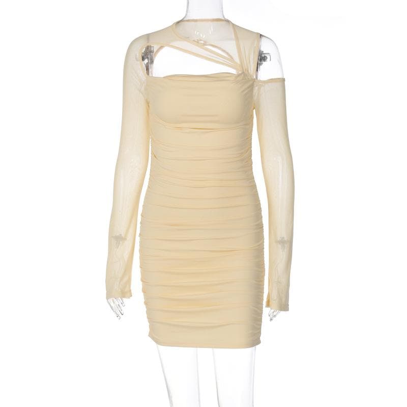 Asymmetric Cutout Crisscross Strap Ruched Mesh Long Sleeve Mini Dress 2