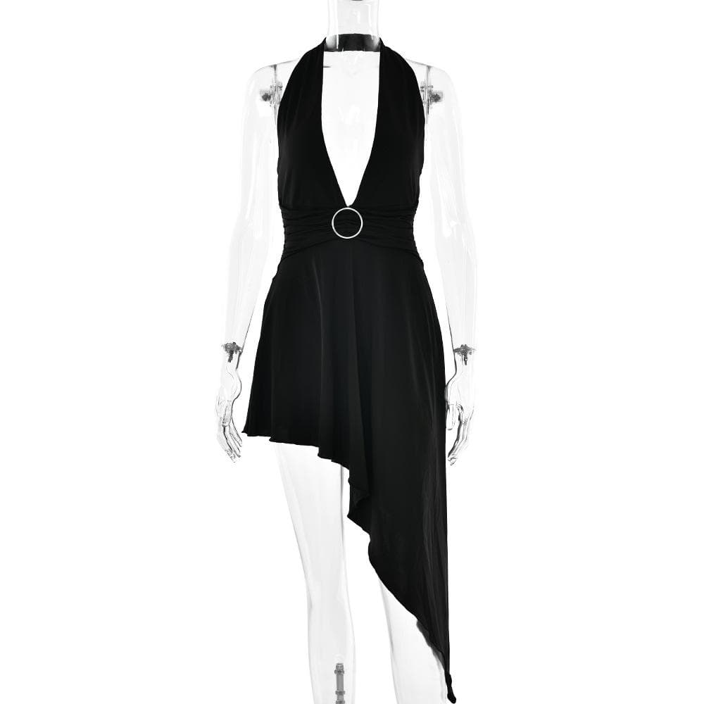 Halter O-Ring Plunge V-Neck Ring Waist Asymmetric Hem Midi Dress 3