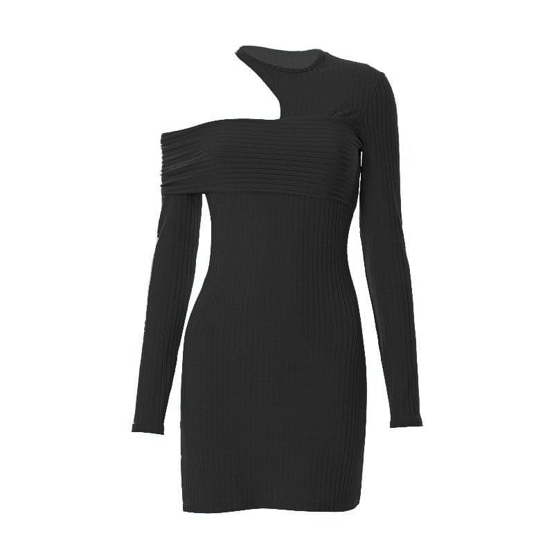 Asymmetrical Cutout Rib Knit Off Shoulder Long Sleeve Mini Dress 9