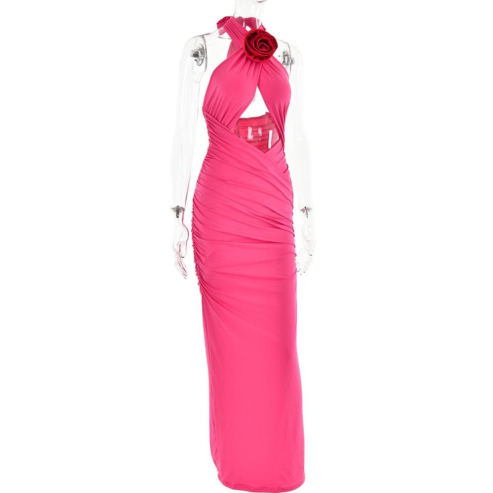 Halter Neck Flower Applique Cutout Cross Front Contrast Ruched Maxi Dress 5