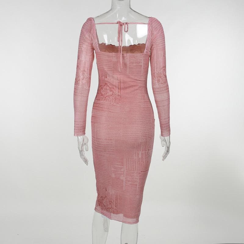 Lace Trim Square Neck Long Sleeve Newspaper Print Bodycon Midi Dress 4