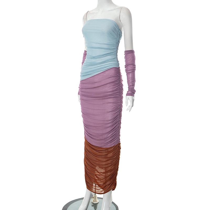 Off Shoulder Color Block Ruched Mesh Maxi Dress 3
