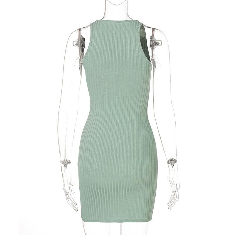 Ribbed Zip Front Deep V Halter Neck Bodycon Mini Dress 4