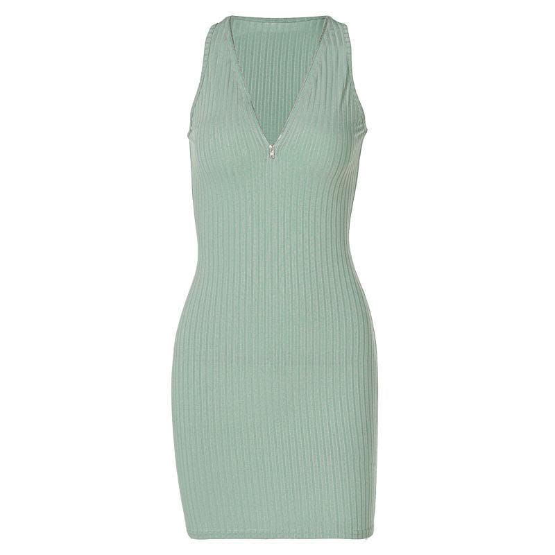 Ribbed Zip Front Deep V Halter Neck Bodycon Mini Dress 2