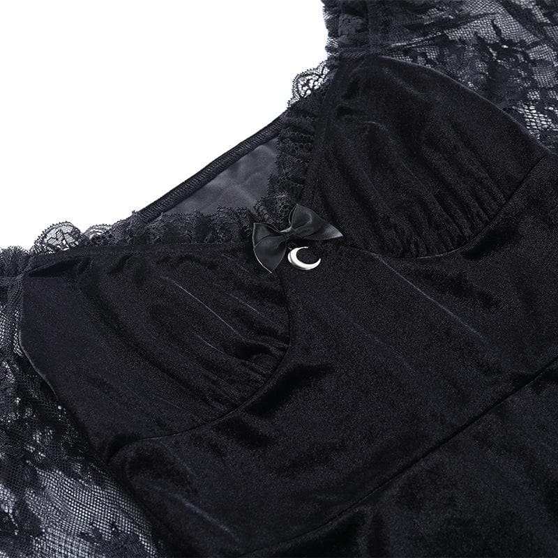 Sweetheart Velvet Bodice Lace Puff Sleeve Ruffle Hem Mini Dress 5
