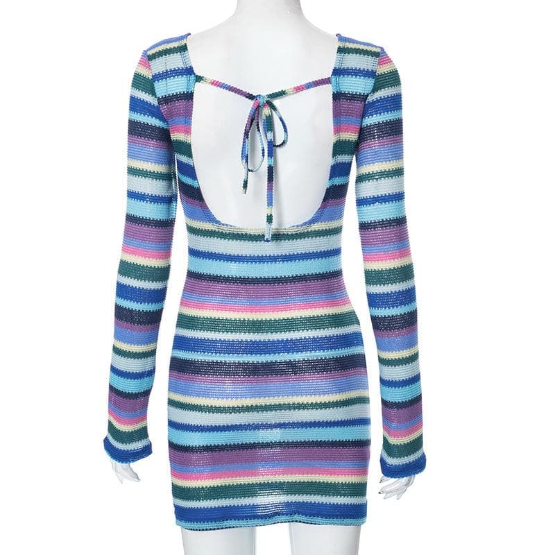Boat Neck Long Sleeve Horizontal Stripe Knit Bodycon Mini Dress 4