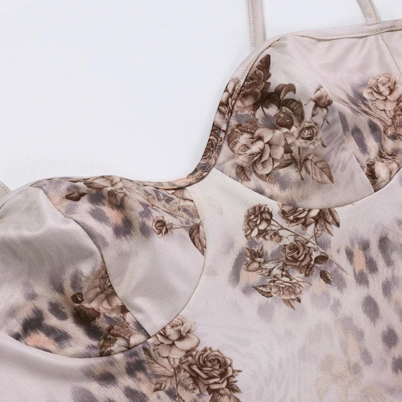 Floral Spotted Print Sweetheart Bustier Spaghetti Strap Bodycon Maxi Dress 6