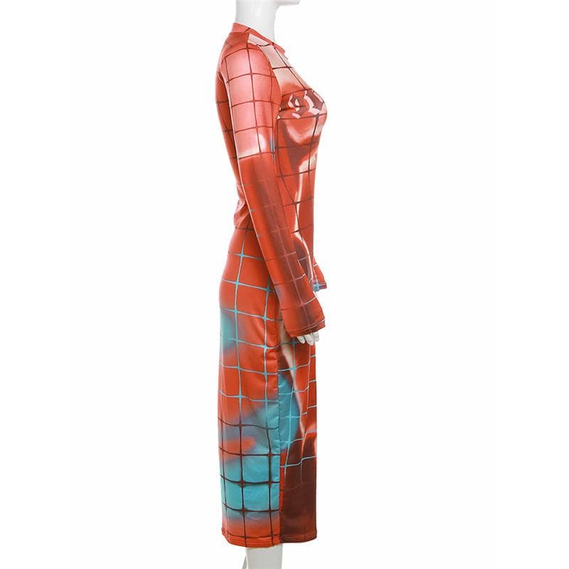 Long Sleeve Crewneck Grid Body Print Color Block Bodycon Maxi Dress 3