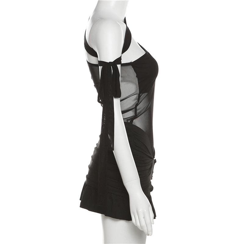One Shoulder Mesh Bodice Metal Buckle Ruched Low Rise Ruffle Hem Mini Dress 3