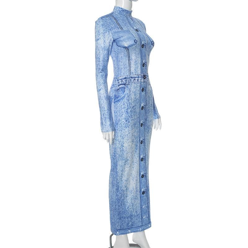 Mock Neck Faux Denim Acid Wash Print Long Sleeve Bodycon Maxi Dress 3