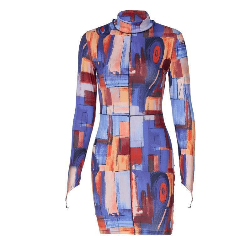 High Neck Thumbhole Sleeve Geometric Print Bodycon Mini Dress 2