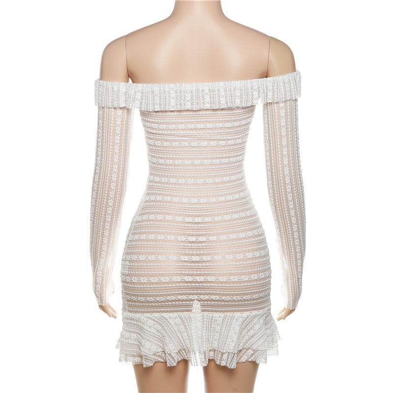 Off-Shoulder Sheer Lace Stripe Ruffle Trim Center Ruffle Long Sleeve Mini Dress 4