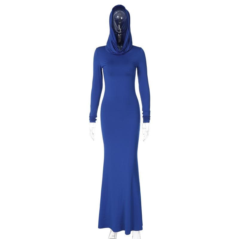 Hooded Cowl Neck Long Sleeve Bodycon Floor-Length Maxi Dress 2