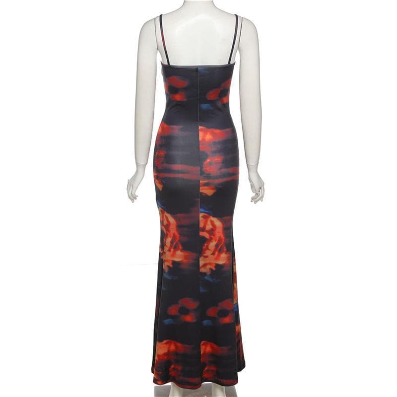 Cowl Neck Motion Blur Abstract Print Spaghetti Strap Bodycon Maxi Dress 4