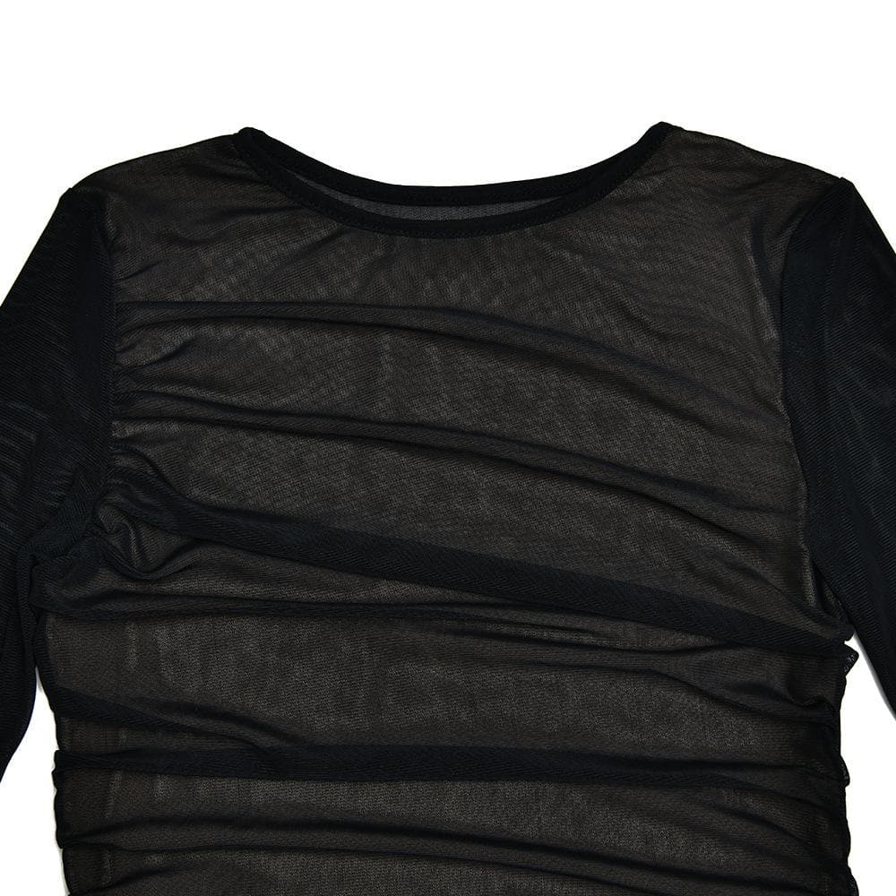 Crew Neck Sheer Mesh Long Sleeve Horizontal Ruched Bodycon Mini Dress 8