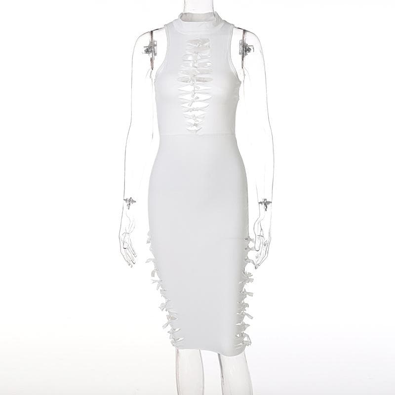 Mock Neck Sleeveless Ladder Tie Front Side Cutout Bodycon Midi Dress 3