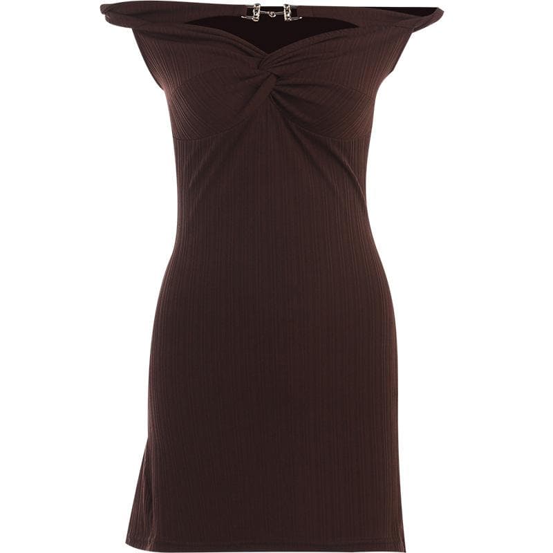 Off Shoulder Rib Knit Twist Knot Hardware Detail Bodycon Mini Dress 3