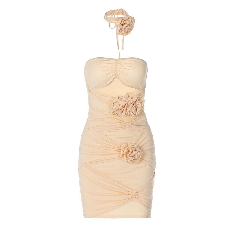 Choker Halter Ruched Flower Applique Hollow Out Tube Mini Dress