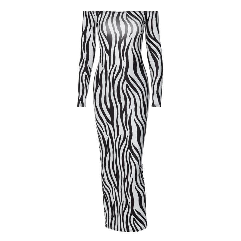 Off Shoulder Long Sleeve Zebra Print Bodycon Maxi Dress