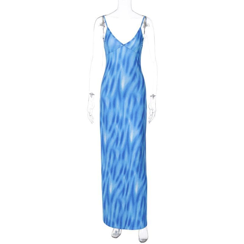 V Neck Spaghetti Strap Abstract Swirl Print Bodycon Maxi Dress 4