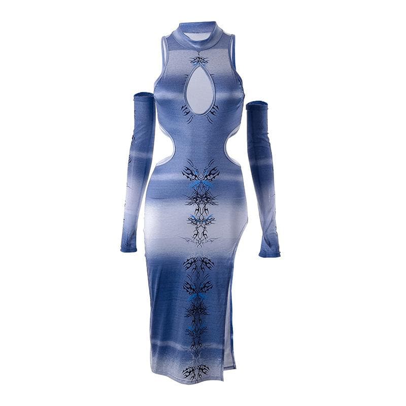 Abstract Print Keyhole Cutout Mock Neck Detached Sleeve Slit Midi Dress