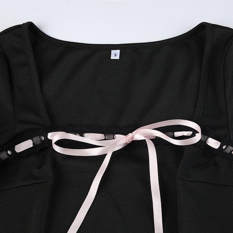 Square Neck Lace Trim Ribbon Bow Pleated Skirt Long Sleeve Mini Dress 5
