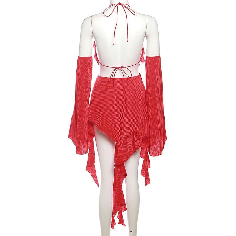 Halter V-Neck Pleated Cutout Bell Sleeve Ruffle Romper 4