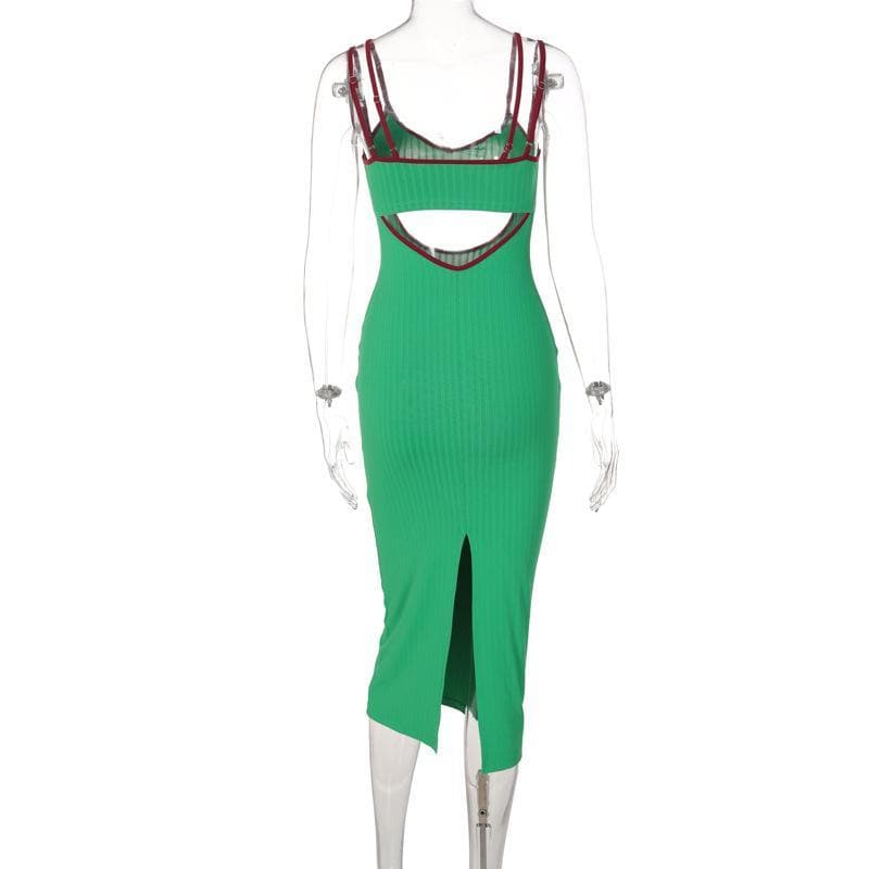 Rib Knit Scoop Neck Double Strap Contrast Trim Hollow Out Midi Dress 4