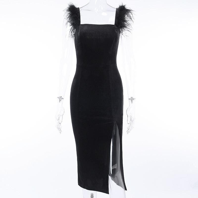 Square Neck Faux Fur Strap Side Slit Velvet Zip Up Midi Dress 2