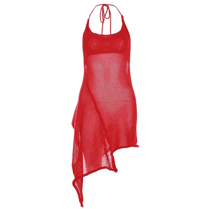 Halter Self Tie Crochet Mesh Asymmetric Ruffle Hem Backless Mini Dress