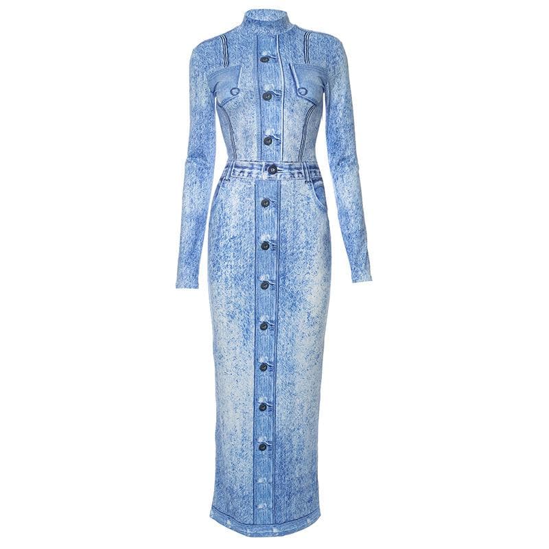 Mock Neck Faux Denim Acid Wash Print Long Sleeve Bodycon Maxi Dress 2