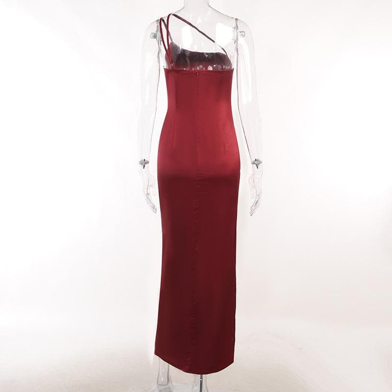 One-Shoulder Double Strap Ruched Satin Side Slit Maxi Gown 4